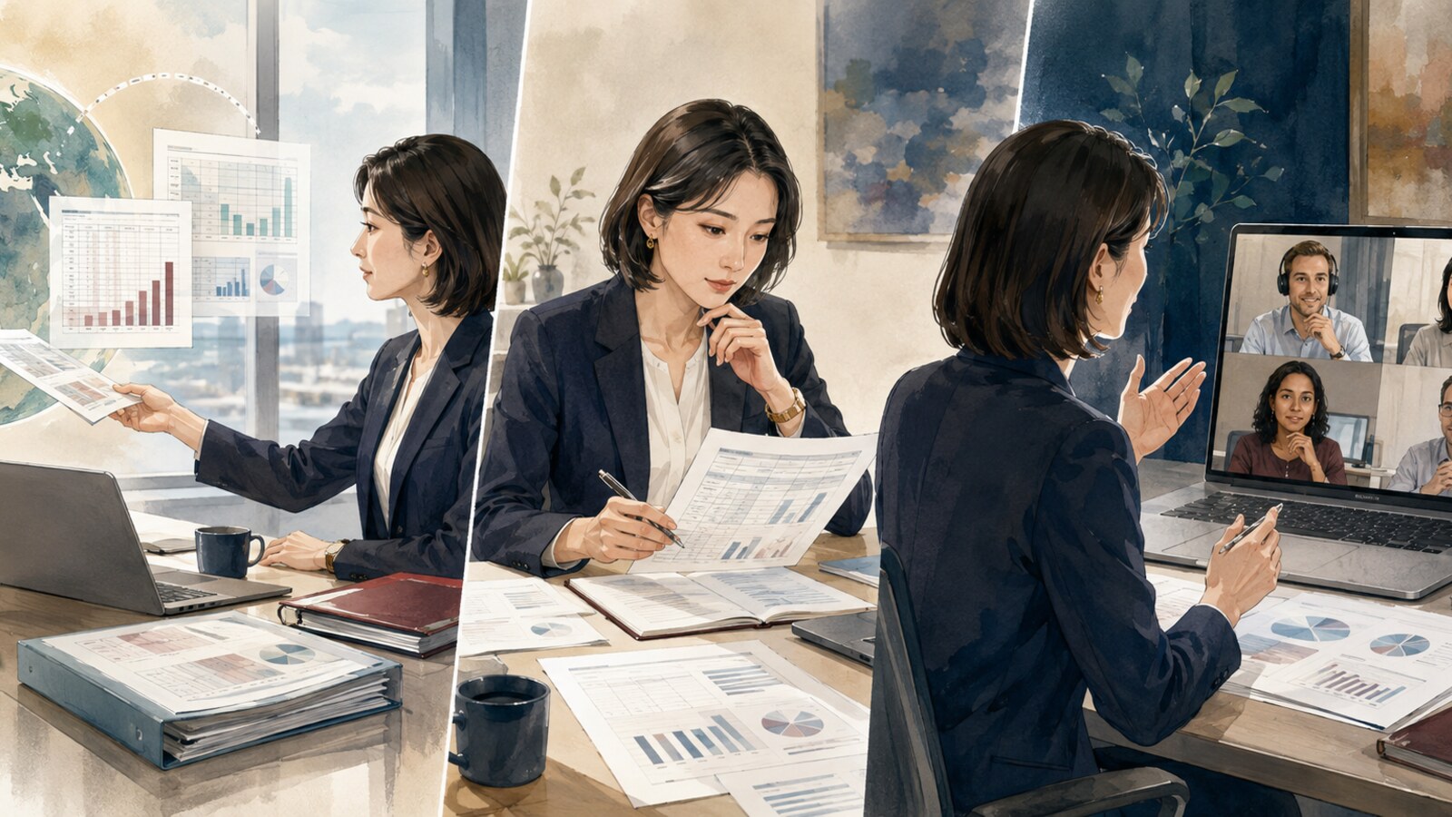海外子会社から届いた連結決算資料の差異を確認し英語で質問して次の対応を合意する流れ