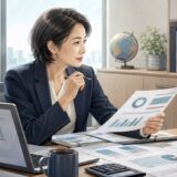 海外子会社の財務資料を確認しながら英語のオンライン会議に参加する日本人の経理財務担当者