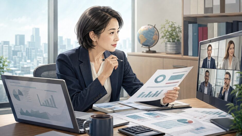 海外子会社の財務資料を確認しながら英語のオンライン会議に参加する日本人の経理財務担当者