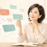 英単語カードを選びながら楽しく語彙力を確認する大人の女性