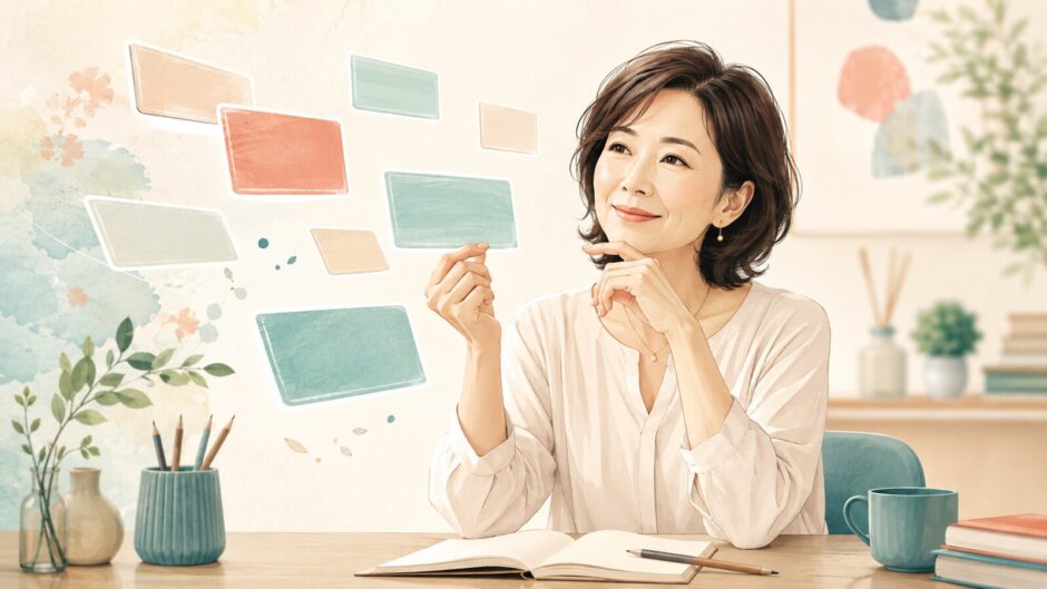 英単語カードを選びながら楽しく語彙力を確認する大人の女性
