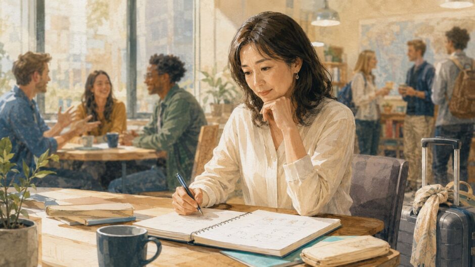 海外の語学学校で会話に入れず、学習計画を見直す大人の日本人留学生