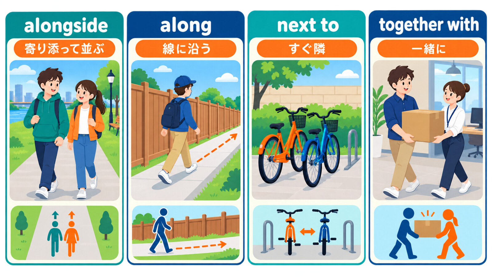 alongside・along・next to・together withの意味の違いを比較した図解