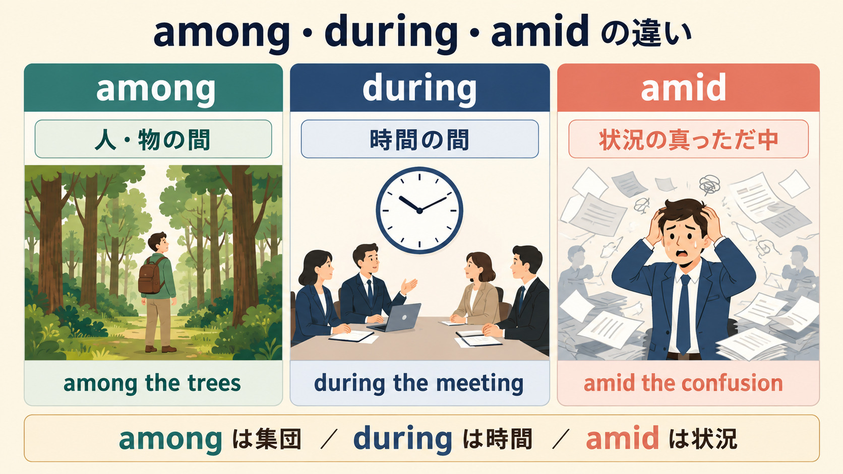 amongは集団、duringは時間、amidは状況の真っただ中を表す違いを比較した図解