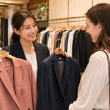 外国人客へ英語でサイズと色を提案する日本人アパレル販売員