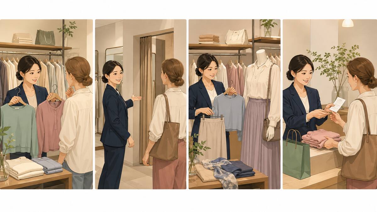 アパレル店でサイズ確認・試着案内・コーディネート提案・会計を英語で行う流れ