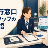 外国人客の口座開設を英語で案内する銀行窓口スタッフ