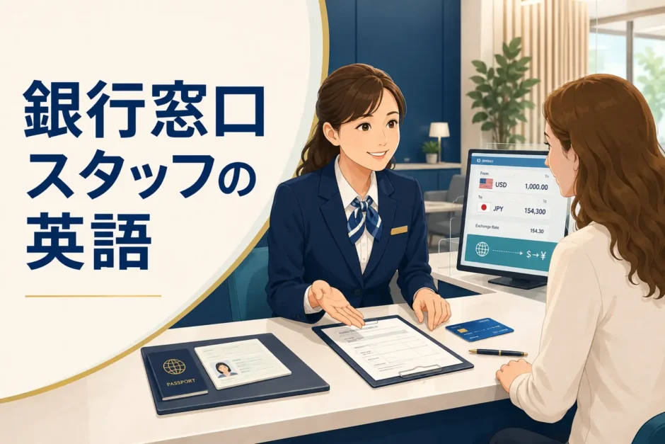 外国人客の口座開設を英語で案内する銀行窓口スタッフ