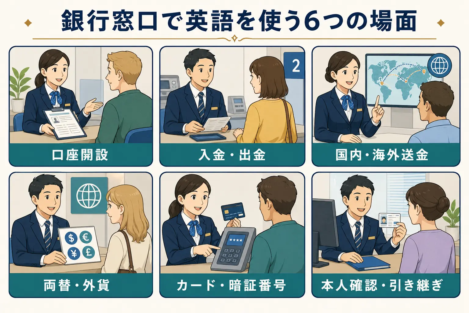 口座開設、入出金、送金、両替、カード、本人確認の6場面