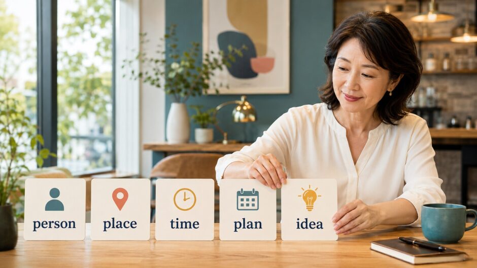 person・place・time・plan・ideaの名詞カードで学ぶ大人の女性