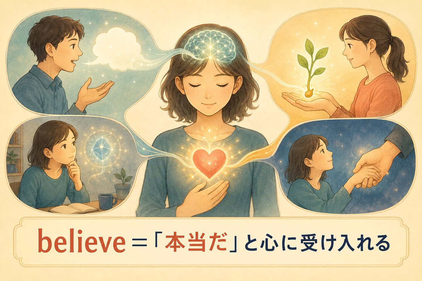 believeのコアイメージ。情報や人の可能性を心の中で本当だと受け入れる