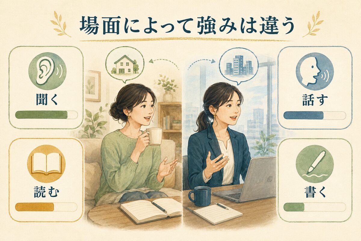 バイリンガルの聞く・話す・読む・書く能力は場面によって強みが違う