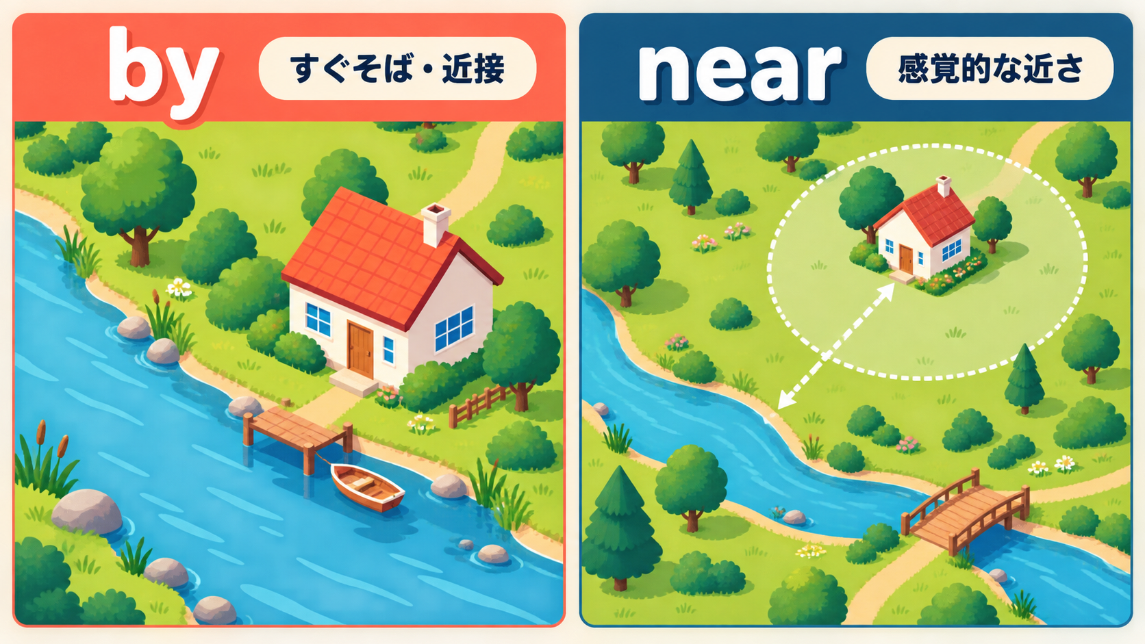 byはすぐそばの近接、nearは感覚的な近さであることを比較した図解