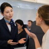 外国人乗客の質問へ英語で対応する日本人キャビンアテンダント