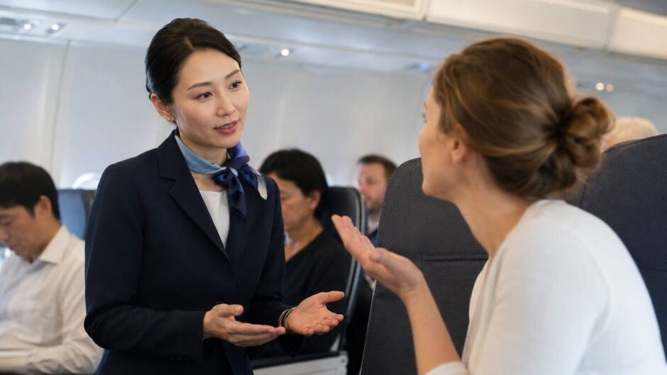 外国人乗客の質問へ英語で対応する日本人キャビンアテンダント