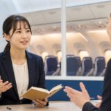 キャビンアテンダントを目指して英語面接と会話を練習する女性
