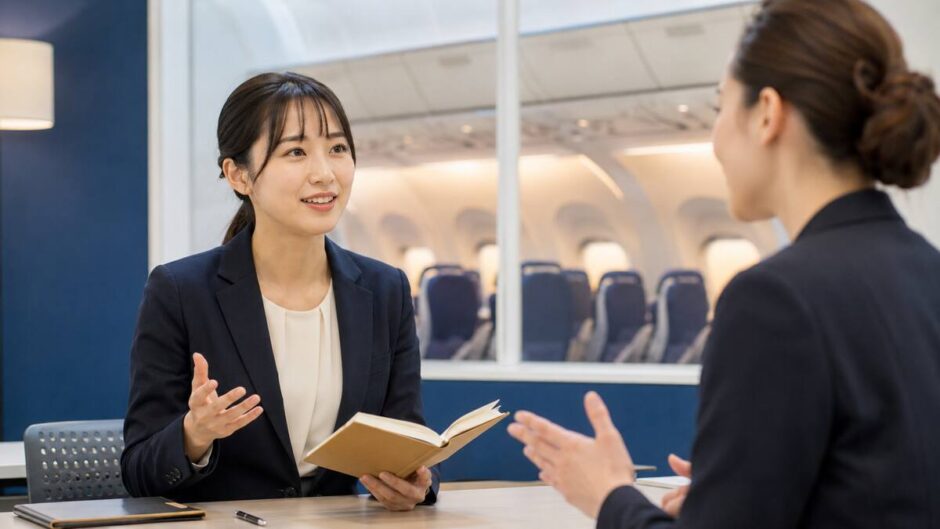 キャビンアテンダントを目指して英語面接と会話を練習する女性