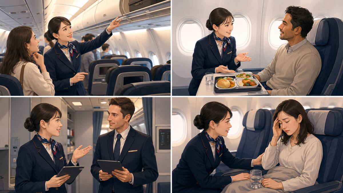 客室乗務員が搭乗案内・機内接客・乗務員連携・問題対応で英語を使う場面