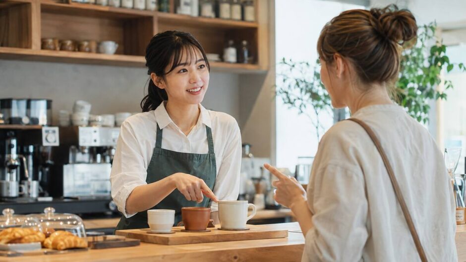 外国人客の注文を英語で確認する日本人カフェスタッフ