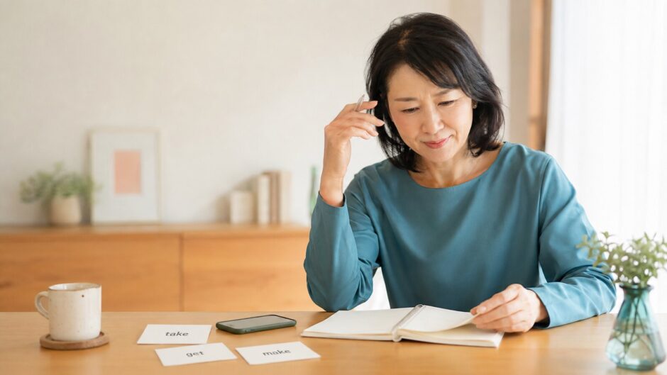 英単語が覚えられず悩みながらノートで学習法を見直す大人の女性