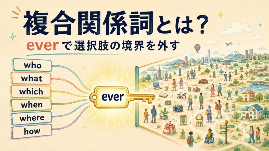 複合関係詞whoever・whatever・whichever・whenever・wherever・howeverをeverの鍵で開くイラスト