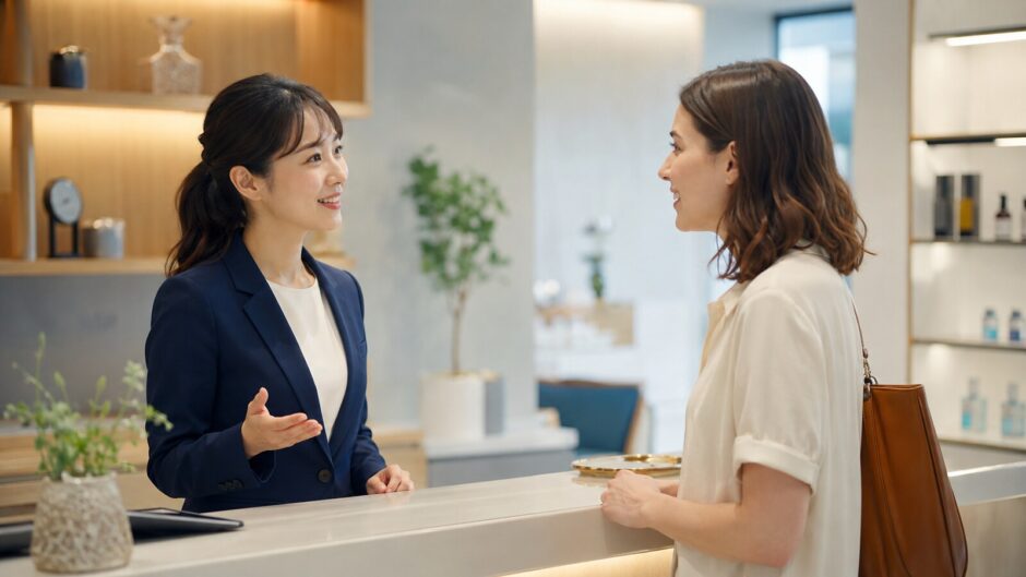 外国人客を英語で案内する日本人接客スタッフ