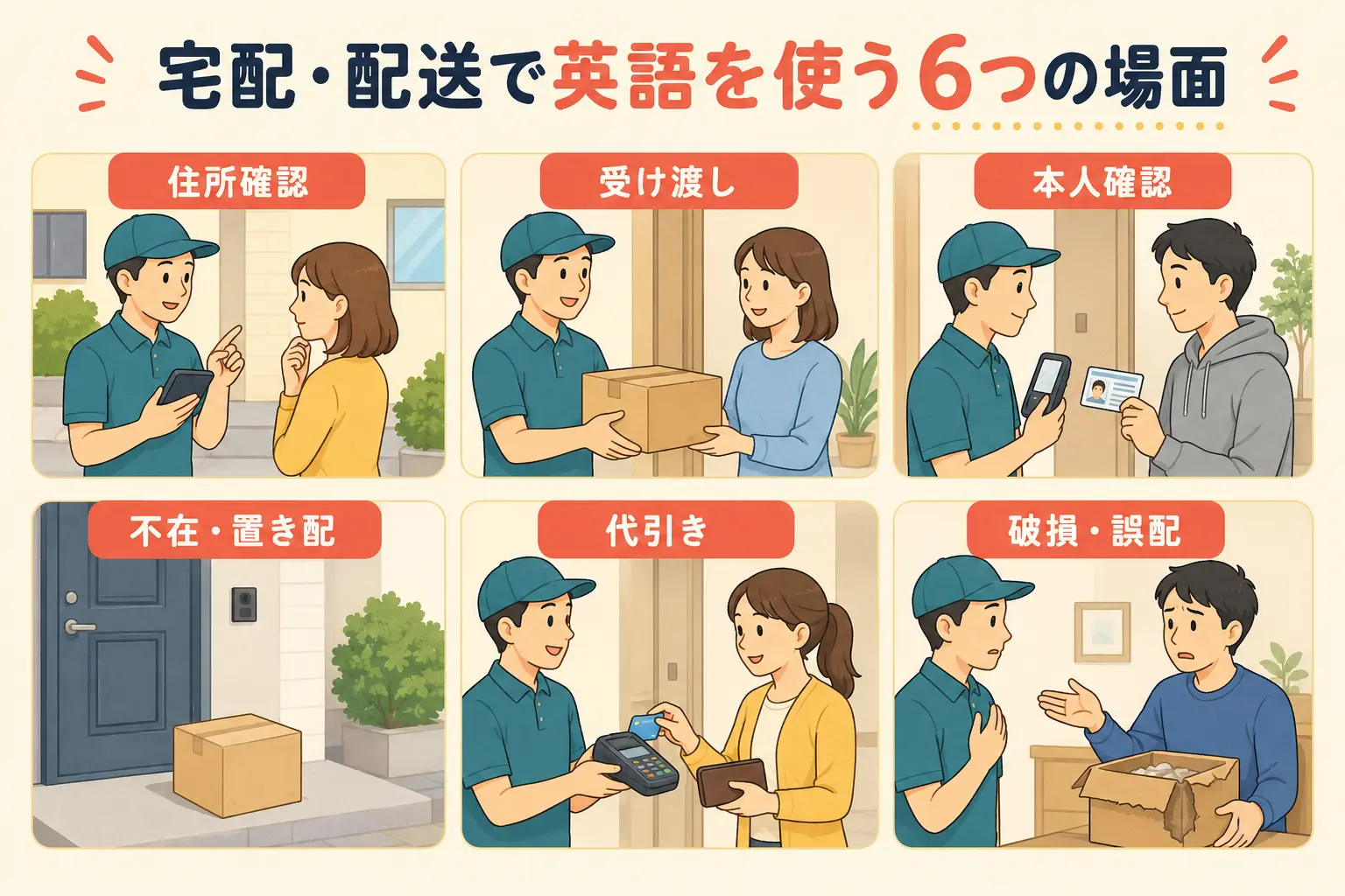 住所確認、受け渡し、本人確認、不在と置き配、代引き、破損と誤配の6場面