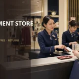 百貨店の免税カウンターで外国人客に英語対応するスタッフ