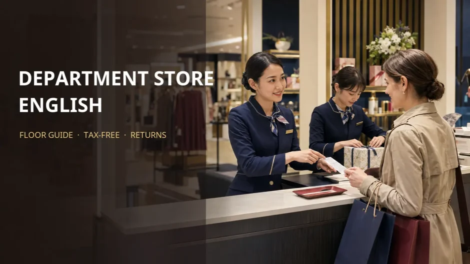 百貨店の免税カウンターで外国人客に英語対応するスタッフ