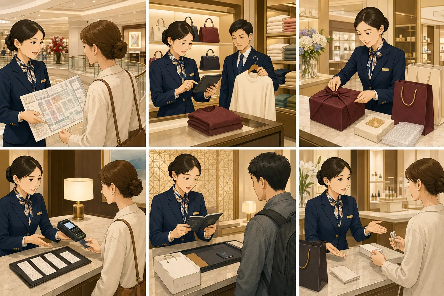 売場案内・在庫・包装・会計・免税・返品対応の6場面