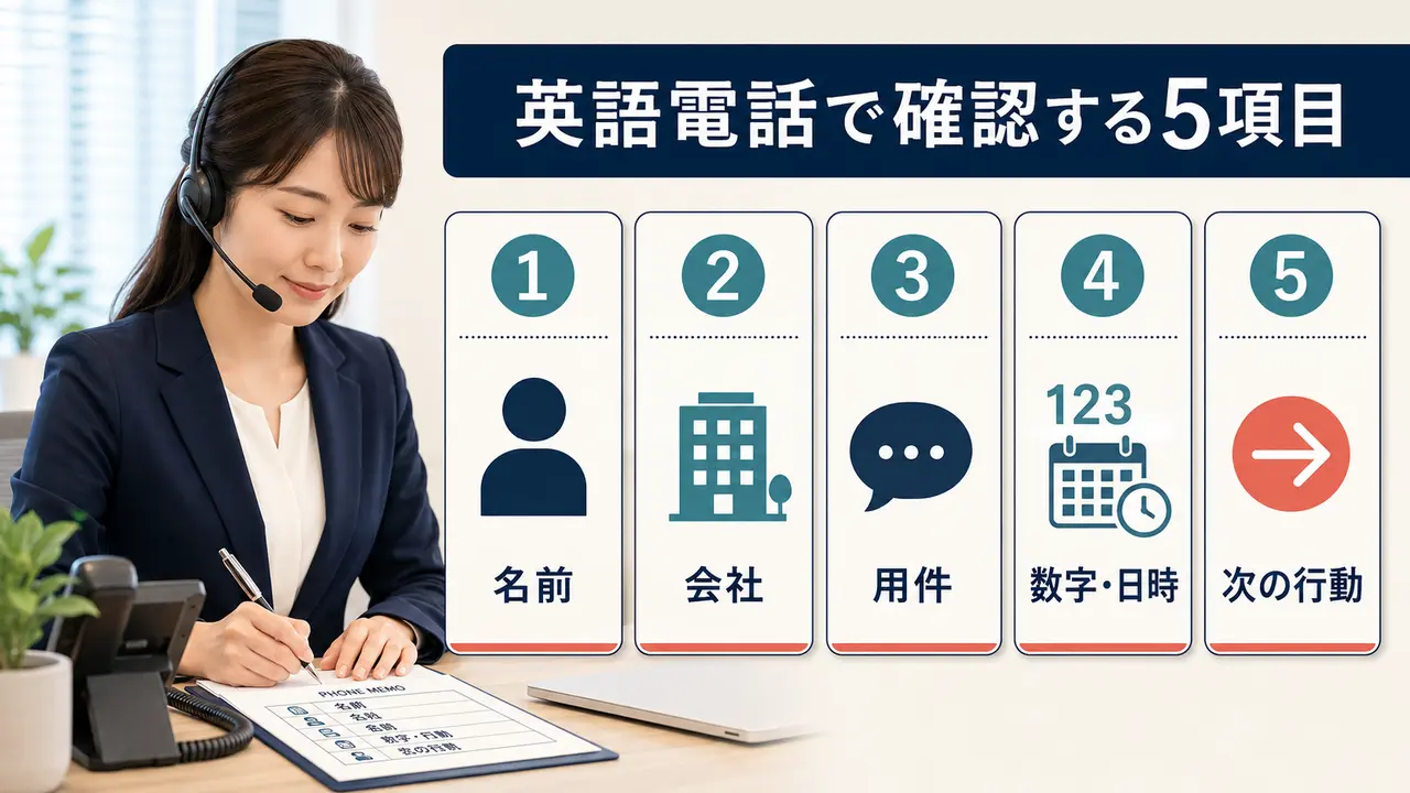 英語電話で名前・会社・用件・数字と日時・次の行動を確認する図解