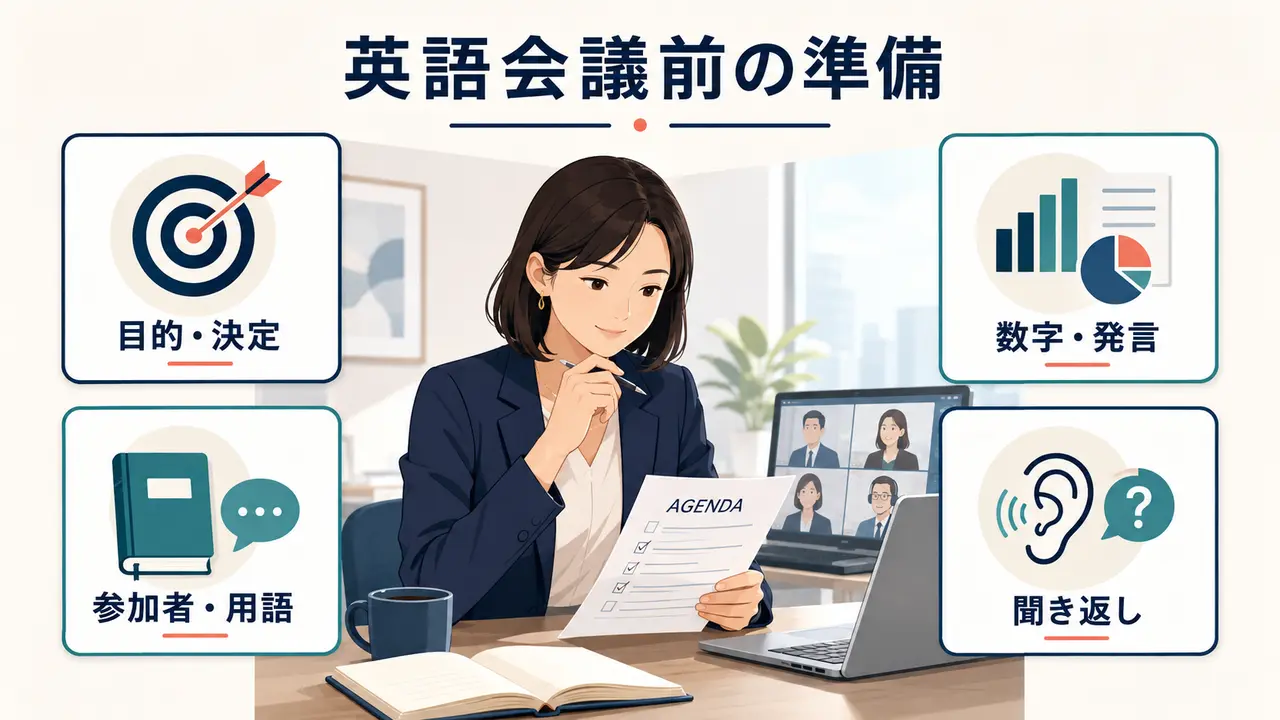 英語会議前に目的・決定、参加者・用語、数字・発言、聞き返しを準備する図解