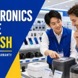 家電量販店で外国人客に製品仕様を英語で説明するスタッフ