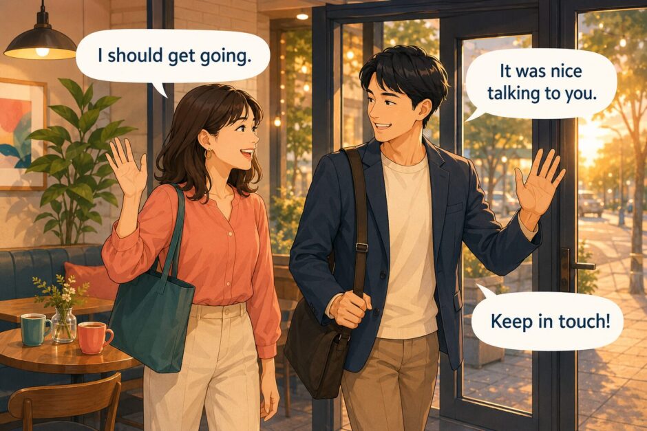 I should get going It was nice talking to you Keep in touchで英会話を終えるイラスト