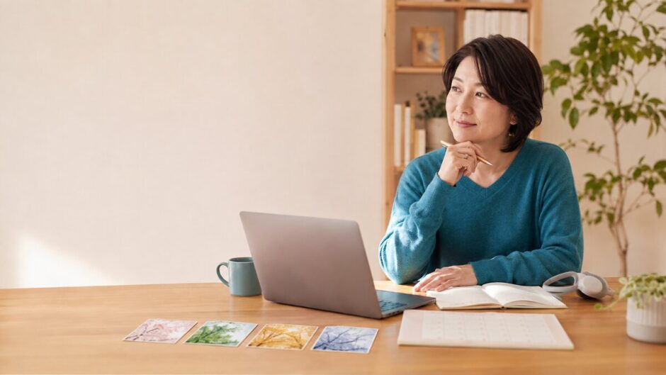 長期の英語学習計画を自宅で考える女性