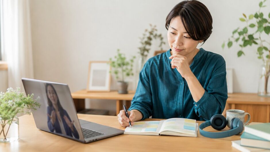 オンラインで英語コーチの助言を受けながら学習計画を考える女性