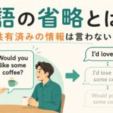 英語の省略を、共有済みの情報を繰り返さず I'd love to. と短く答える仕組みとして示したイラスト