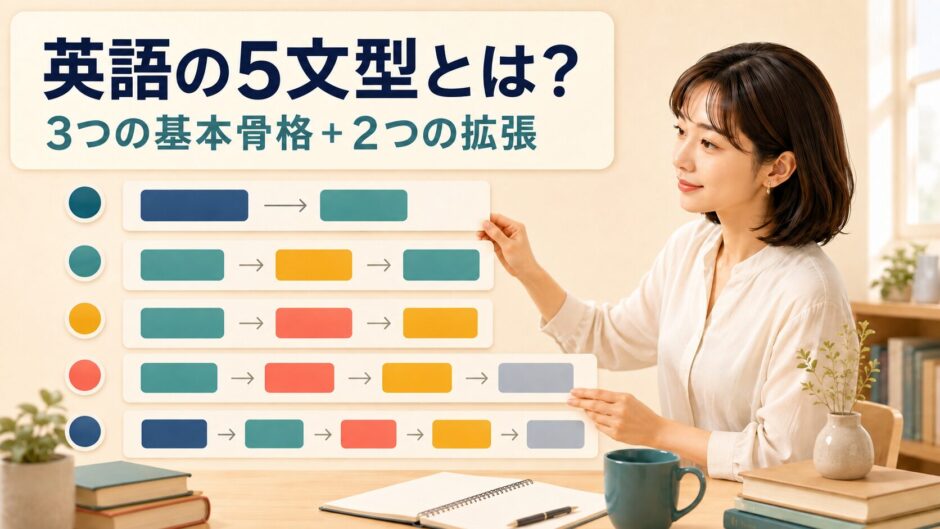 英語の5文型とは？3つの基本骨格と2つの拡張を5段のカードで表したアイキャッチ