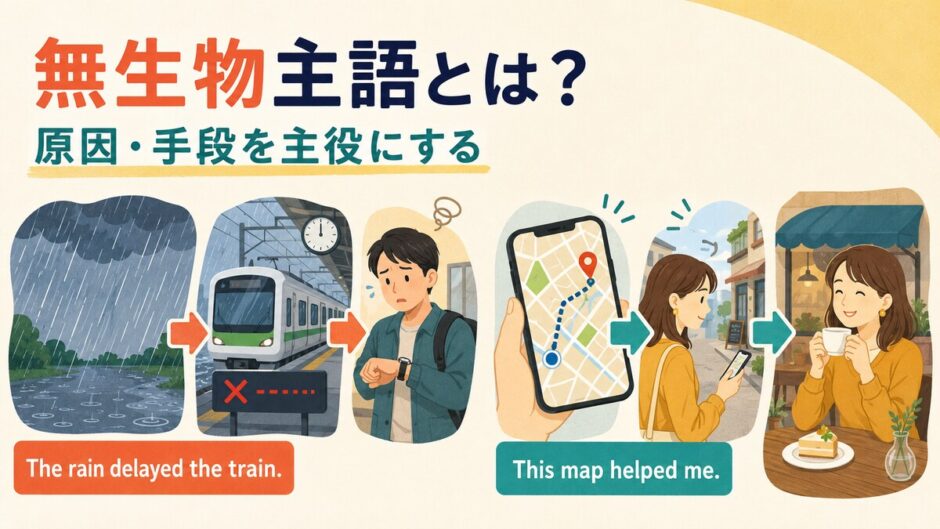 雨が電車を遅らせる流れと地図が人を目的地へ導く流れで無生物主語を説明したイラスト