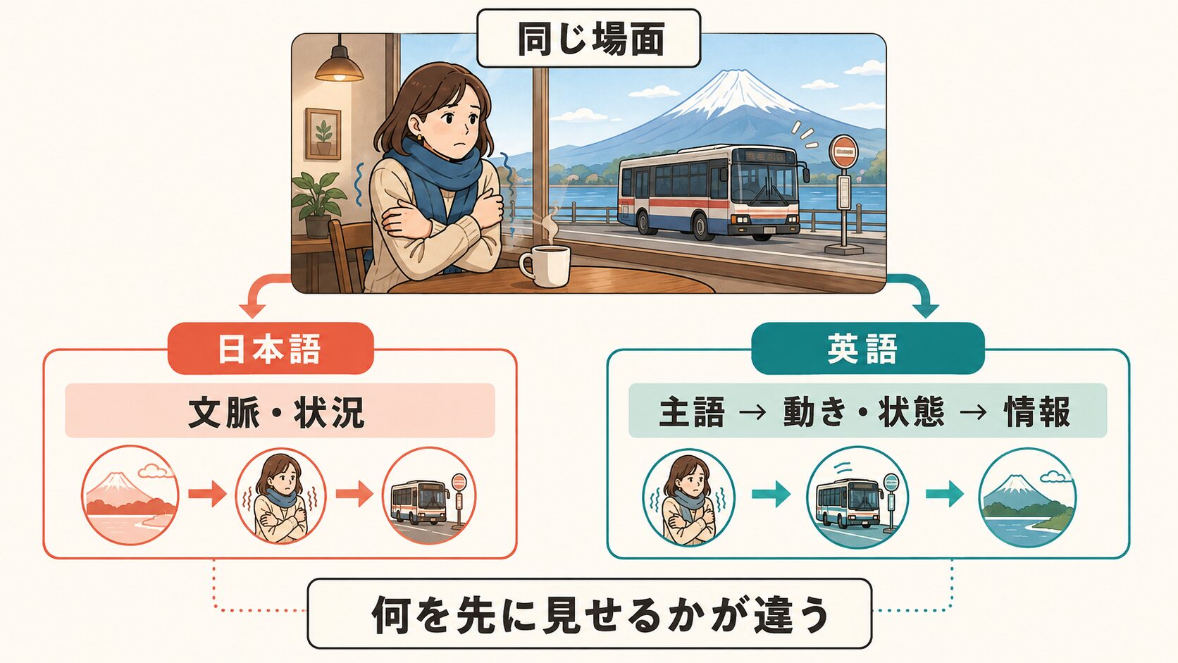 同じ場面を日本語は文脈と状況、英語は主語から情報へ組み立てる違いを示す図解