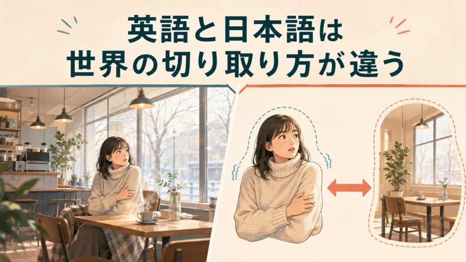 英語と日本語は同じ場面を異なる視点で切り取ることを示すアイキャッチ