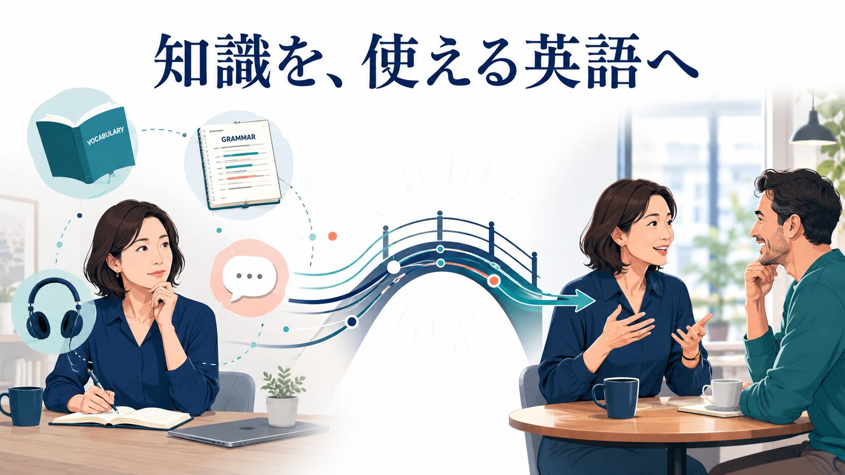 語彙・文法・リスニング・発話の知識を実際の英会話へつなぐ英語学習のイラスト