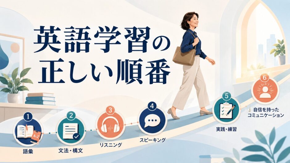 英語学習で大人が成果を出すための正しい順番を示したイラスト