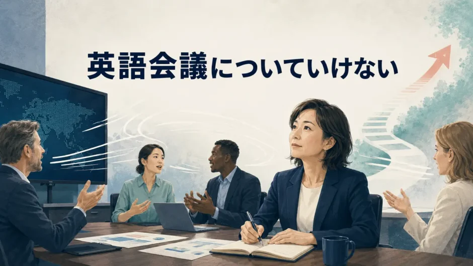 英語会議についていけない社会人と学習による改善を表したイラスト