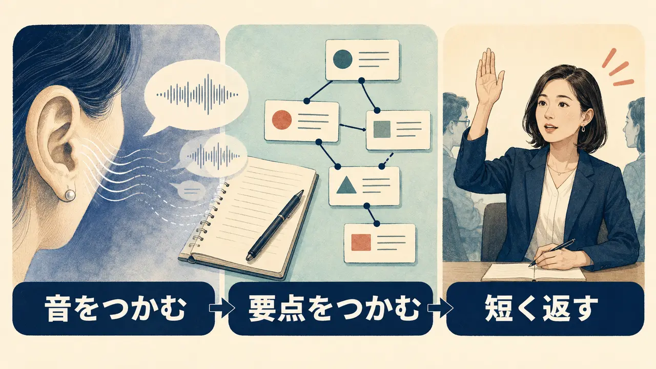 英語会議で音をつかむ・要点をつかむ・短く返すの3段階