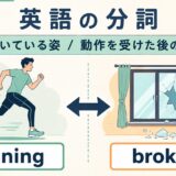 英語の現在分詞runningと過去分詞brokenの違いを示したイラスト