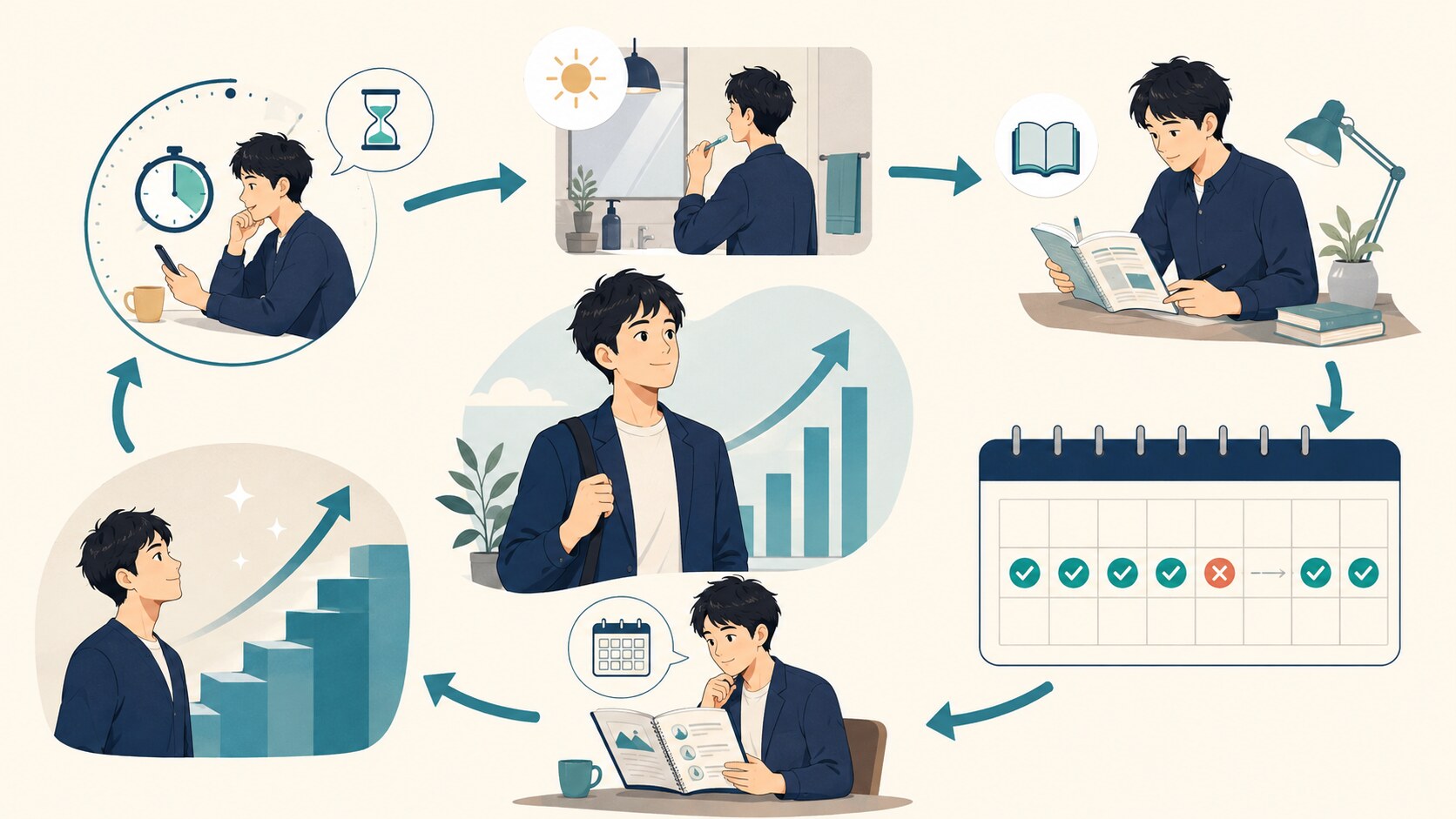 小さく始めて決まった合図で学び中断後も再開する英語学習の図解