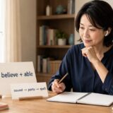 un・believe・ableに分けて英単語のスペルを学ぶ大人の女性
