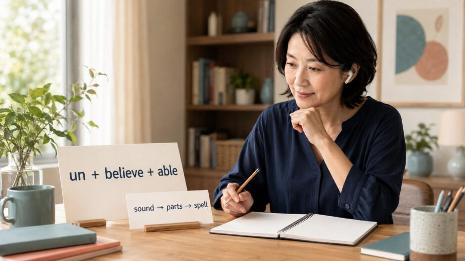 un・believe・ableに分けて英単語のスペルを学ぶ大人の女性