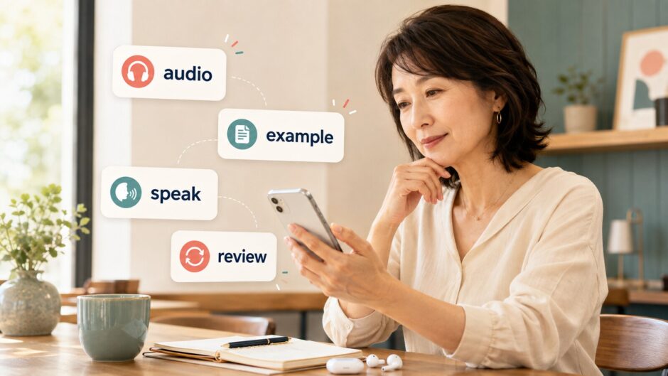 英単語アプリで音声・例文・発話・復習を学ぶ大人の女性